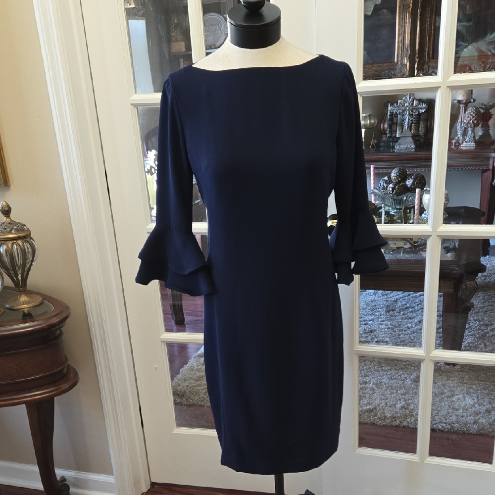Lauren Ralph Lauren Navy 3/4 Ruffle Sleeve Midi Dress Fully Lined Round Neck 4